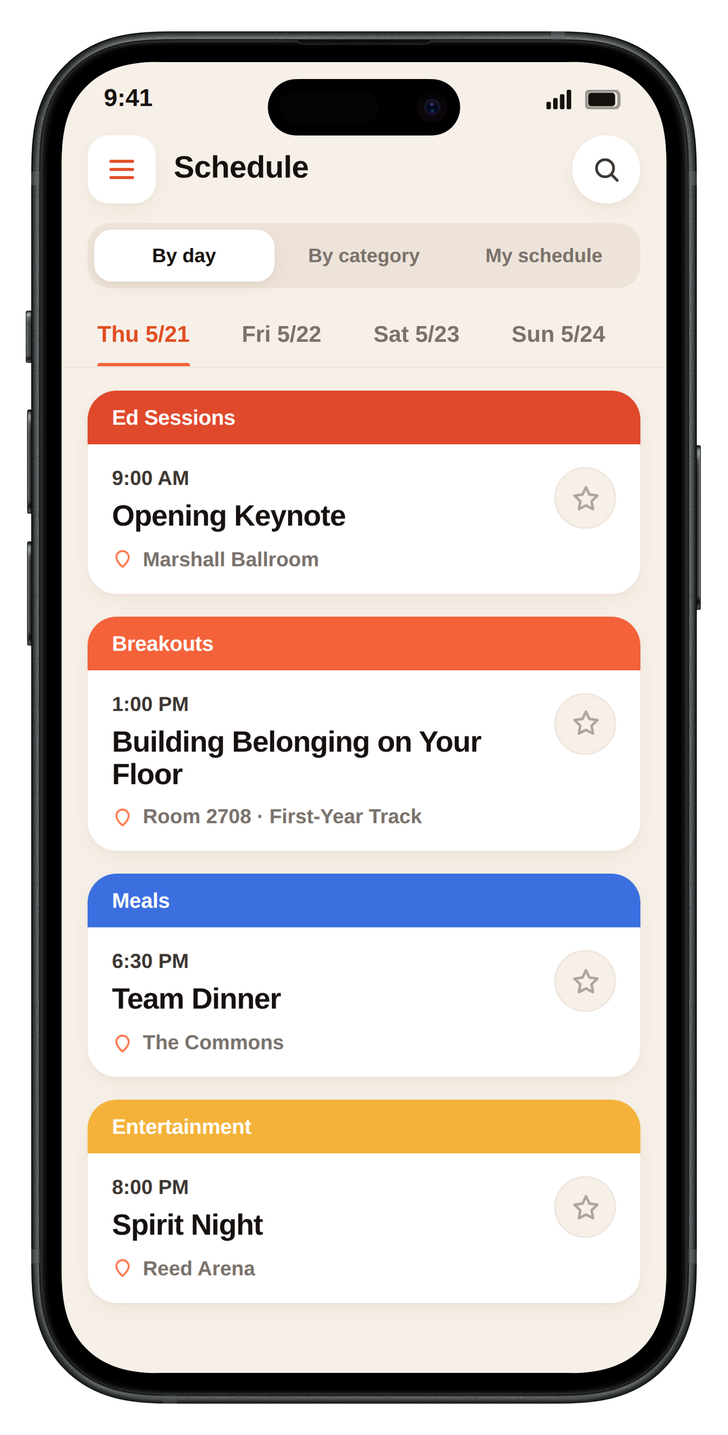 Hangtight schedule screen for ResLife conferences